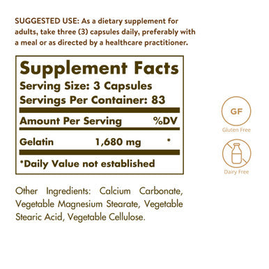 Solgar Gelatin 1680 Mg 250 Capsules - Natural Gelatin - Supports Bone Joint & Skin Health - Gluten Free Dairy Free - 83 Servings