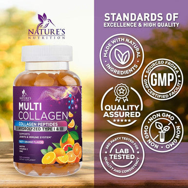 Collagen Gummies With 2500Mcg Biotin, Vitamin C & Zinc - Hydrolyzed Type 1 & 3 Collagen Peptides Supplement - Support For Hair, Skin, Nails & Joints - Gluten - Orange Flavored Gummy - 120 Count
