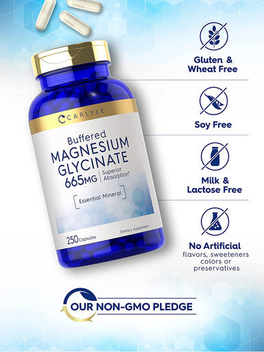 Magnesium Glycinate | 665 mg | 250 Capsules | Non-GMO and Gluten Free Formula | Essential Buffered Mineral Supplement by Carlyle