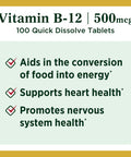 Nature's Bounty Vitamin B12 Supports Energy Metabolism And Nervous System Health 500Mcg 100 Quick Dissolve Tablets