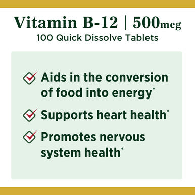 Nature's Bounty Vitamin B12 Supports Energy Metabolism And Nervous System Health 500Mcg 100 Quick Dissolve Tablets