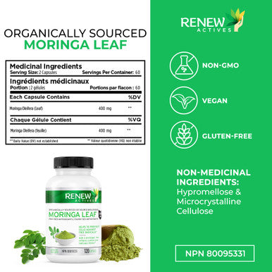 Renew Actives Organic Moringa Leaf Supplement: 800Mg Daily Serving - High Potency Moringa Capsules - Green Superfood & Antioxidant Support Against Free Radical Damage- 120 Vegan Capsules