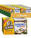 Season Sardines in Water No Salt Added Wild Caught 22g of Protein Keto Snacks More Omega 3's Than Tuna Kosher High in Calcium Canned Sardines 4.37 Oz Tins 12Pack