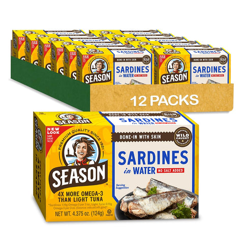 Season Sardines in Water No Salt Added Wild Caught 22g of Protein Keto Snacks More Omega 3's Than Tuna Kosher High in Calcium Canned Sardines 4.37 Oz Tins 12Pack