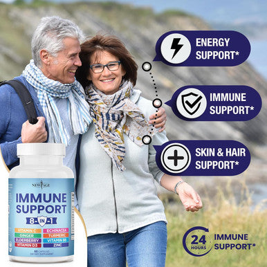 Age 8 In 1 Immune Support Booster Supplement With Echinacea, Vitamin C And Zinc 50Mg, Vitamin D 5000 Iu, Turmeric Curcumin & Ginger, B6, Elderberry 120 Count (Pack Of 2)