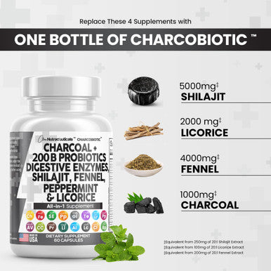 Clean Nutra Activated Charcoal Capsules 1000Mg Shilajit 5000Mg Pills Probiotic 200 Billion + Digestive Enzymes For Digestive Heal