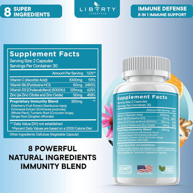 8 In 1 Immune Defense Support, Immunity Vitamins Supplement Booster With Zinc 50Mg, Vitamin C Elderberry Vit D3 5000 Iu, Turmeric Curcumin & Ginger, Echinacea - Allergy Relief For Kids Adults (2 Pack)