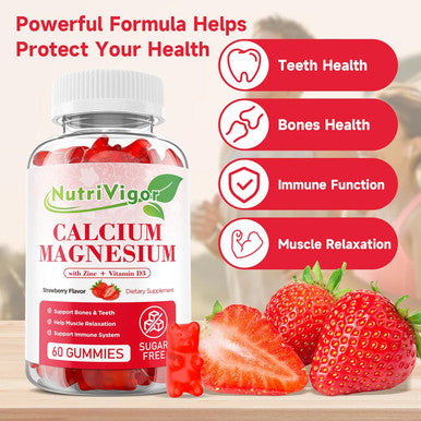 Calcium Magnesium Zinc Gummies With High Absorption Magnesium 300Mg, Calcium Supplement With D3 For Bone, Muscles & Immune Support For Kids & Adults, Strawberry Flavor, 120 Count