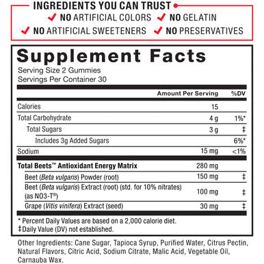 Total Beets Gummies Beet Supplement with Beet Powder,Superfood with s, Great-Tasting Beet Chewables for Heart-Healthy Energy, Antioxidant Support, and More, Force Factor, 60 Gummies