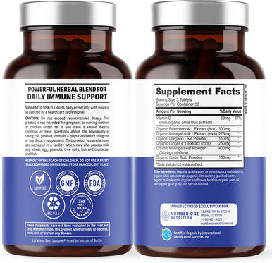 N1N Premium 7 in 1 Immune Support Supplement 100 USDA Organic Daily Immune Boost with Vitamin C Elderberry Moringa Leaf Oregano and Garlic for Immunity and Inflammatory Response 90 Tablets