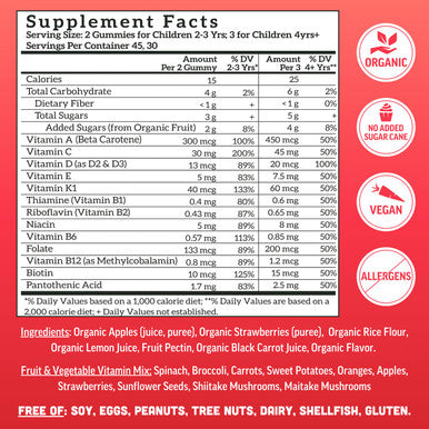 Llama Naturals Kids Multivitamin Gummies Vegan Organic with Vitamin D C & K Toddler Real Fruit Gummy Vitamins Chewable Supplement Whole Food Multivitamin No Added Sugar Cane Strawberry 90 Ct