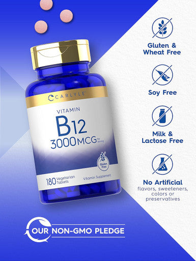 Carlyle Vitamin B-12 3000mcg | 180 Tablets for Adults | Vegetarian Non-GMO & Gluten Supplement