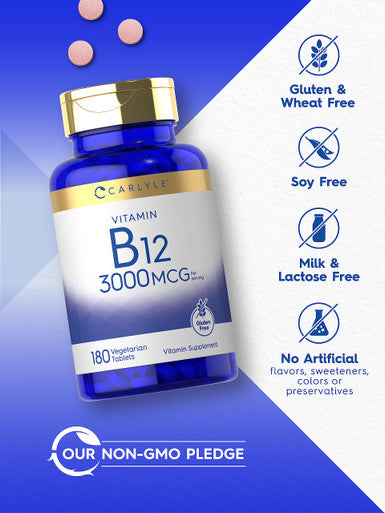 Carlyle B-12 | 3000Mcg Per Serving | 180 Vegetarian Tablets | For S | Vegetarian, Non-Gmo & Gluten Free Vitamin