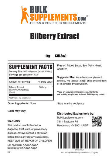 BulkSupplements Bilberry Extract Powder - Eye Supplements - Antioxidants Supplement - Bilberry Extract for Eyes - Antioxidant Powder - Bilberry Supplement (1 Kilogram - 2.2 lbs)