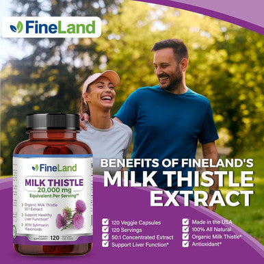 Fineland Milk Thistle Silymarin Extract 50:1, Max Strength 20,000Mg Eq Per Capsule, Liver Cleanse Detox, Liver Health Support Supplement, Antioxidant,120 Veggie Caps, 4 Months Supply, Vegan, Natural.