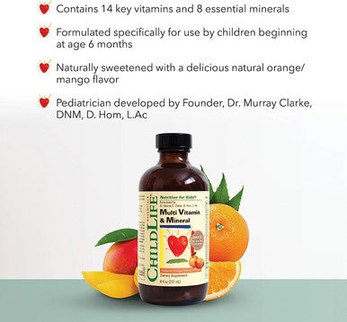 CHILDLIFE ESSENTIALS Multi Vitamin & Mineral, Natural Orange/Mango Flavor - Gluten Free, Alcohol Free, Casein Free, Non-GMO - 8 fl. oz (Pack of 3)
