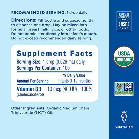 Mommys Bliss Organic Baby Vitamin D Drops Promotes Healthy Growth and Bone Development Age Newborn+ 0.11 Fl Oz (100 Servings) Pack of 2