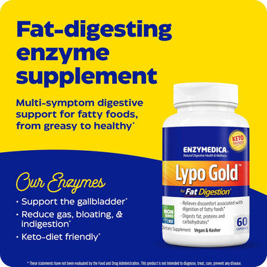 Enzymedica Lypo Gold, Digestive Enzymes For Fat Digestion, Fast Acting Gas & Bloating Relief, 60 Count