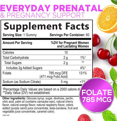 Folic Acid Gummies For Women 785 Mcg, Essential Prenatal Vitamins For Mom & Baby, Vegan Folic Supplement Gummy, Vitamin B9 Chewable Extra Strength Folate, Before During After Pregnancy - 60 Gummies