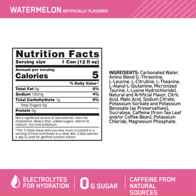 Optimum Nutrition Amino Energy Drink + Electrolytes For Hydration - Sugar Free Amino Acids Bcaa Keto Friendly Sparkling Drink - Watermelon 12 Fl Oz (Pack Of 12) - Packaging May Vary