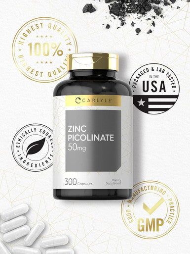 Carlyle Zinc Picolinate 50mg | 300 Capsules | Non-GMO and Gluten Supplement