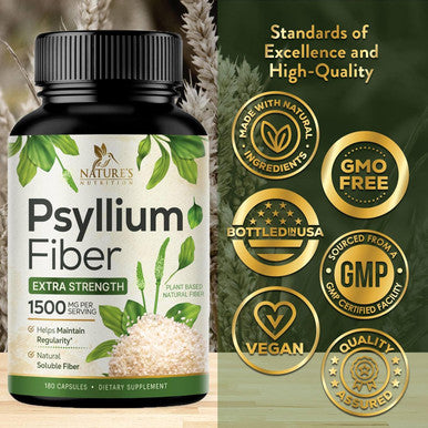 Nature'S Nutrition Psyllium Husk Capsules 1500mg Natural Soluble & Insoluble Fiber Psyllium Husk Powder Fiber Caps Supports Digestion Colon Health & Regularity Non-GMO Vegan Gluten Supplement - 180 Count