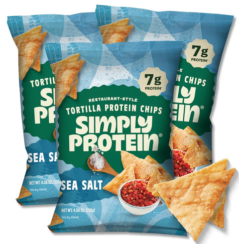 Simply Protein Tortilla Chips Restaurant Style Protein Chips Sea Salt (3Pack) 7g Protein 140 Calories Gluten Vegan Plant Based Protein Snacks Healthy Snacks 3 Bags 4.58oz (130g)