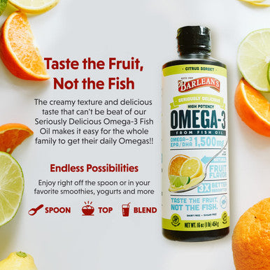 Barlean's Citrus Sorbet High Potency Omega 3 Fish Oil Liquid Supplement 1500Mg Of Epa and Dha Fatty Acid Smoothie Flavored and Burpless For Brain Joint and Heart Health 16 Oz