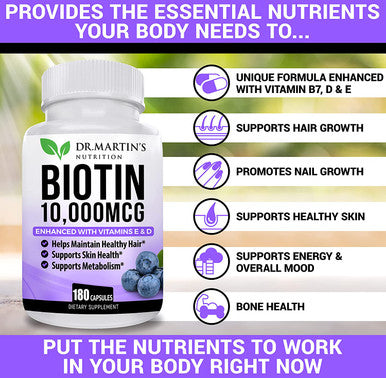 Biotin 10000 Mcg Enhanced With Vitamin D & E | 180 Count| For Healthy Hair, Skin & Nails | Energy Support | Vitamin B7 | Non-Gmo | Usa Formulated