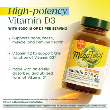 MegaFood Vitamin D3 5000 Iu (125 Mcg) - Vegetarian Vitamin D Supplements With Vitamin D3 K2 Supports Bones Teeth Muscles & Immune Health Certified Non-Gmo - 120 Mini Capsules