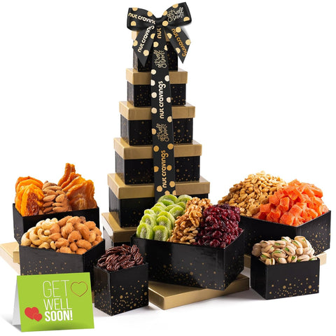 NUT CRAVINGS - Purim Mishloach Manot Dried Fruit & Mixed Nuts Gift Basket, Green Tower + Ribbon (12 Assortments) Ramadan Gifts Food Arrangement, Healthy Snack Care Package, Kosher