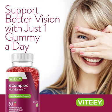 Vitamin B Complex Gummies For Adults With Vitamin C, B6, B12, Niacinamide, Folic Acid, Biotin, Calcium - Supports Energy & Metabolism - Vegan, Gluten Free, Gelatin - Chewable Strawberry Flavored