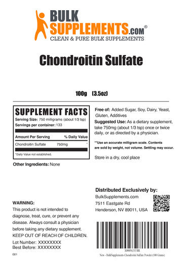 BulkSupplements Chondroitin Sulfate Powder - Chondroitin Supplements - Joint Support Supplement - Ligament and Tendon Supplements - Bone Strength Supplements (100 Grams - 3.5 oz)