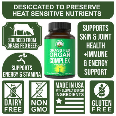 Peak Performance Grass Fed Beef Organ Complex (180 Capsules) Desiccated Organs Superfood Pills Rich In Antioxidants, Enzymes, Vit