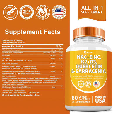 Nac Supplement N-Acetyl Cysteine Nac 1000Mg Zinc Blend 50Mg K2 100Mcg Vitamin D3 5000 Iu N-Acetyl Cysteine 1000Mg Quercetin 1000Mg Sarracenia Purpurea 1000Mg L-Lysine Supplement, 60 Count