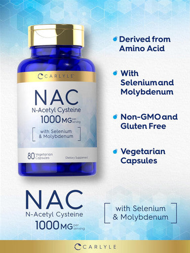 Carlyle NAC Supplement N-Acetyl Cysteine | 1000 mg | 80 Capsules | with Selenium & Molybdenum | Vegetarian Non-GMO & Gluten