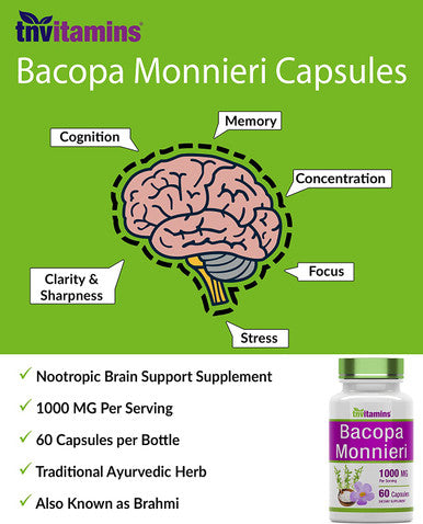 Bacopa Monnieri Capsules 1000 MG (60 Capsules) | Nootropic Brain Support Supplement* | Bacopa Leaf Extract Powder Pills | by TNVitamins