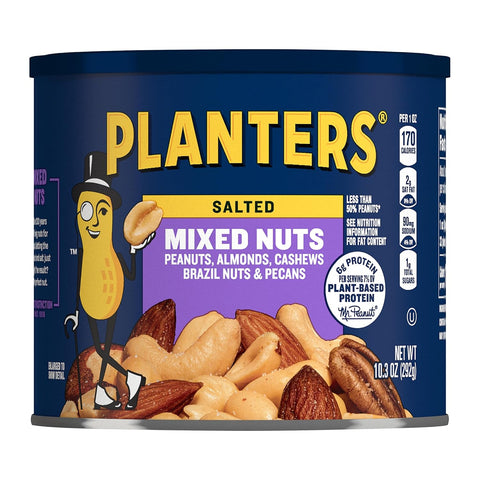 PLANTERS Lightly Salted Mixed Nuts, Plant Based Protein, 10.3 Oz (1 Ct) | Mixed Nuts: Almonds, Cashews, Peanuts, Pecans, Brazil Nuts. Snacks for Adults. Resealable Canister. Party Snack