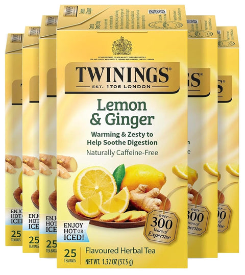 Twinings Lemon & Ginger, Caffeine-Free Herbal Tea Bags, 100 CT Box (1 Pack) | Spicy & Tangy, Ginger, Lemon Peel, Lemongrass, Blackberry Leaves, Soothe Digestion, 100 Foil Lined Individually Wrapped Bags