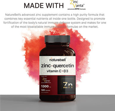 Zinc Quercetin 1000mg with Vitamin D3 5000IU 120 Capsules 4 in 1 Formula Zinc 50mg Vitamin C 250mg Vitamin D3 5000 IU Advanced Immune Defense NonGMO