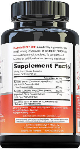 Turmeric Curcumin Supplement All Natural Turmeric Capsules with Bioperine Black Pepper Powerful Antioxidant to Support Healthy Joints and Reduced Inflammation Vegan Friendly 60 Veggie Caps