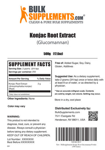 BulkSupplements Glucomannan Extract Powder - Konjact Root Powder, Soluble Fiber Supplement - Powder - 2g (2000mg) (500 Grams - 1.1 lbs)
