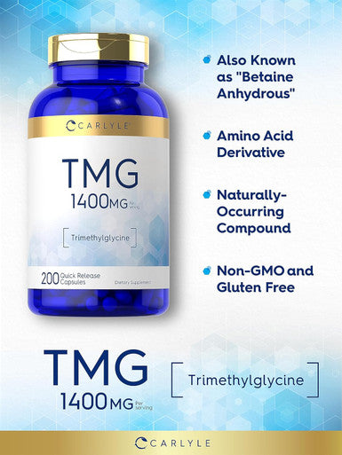 Carlyle TMG 1400mg | 200 Trimethylglycine Quick Release Capsules | Non-GMO & Gluten Supplement