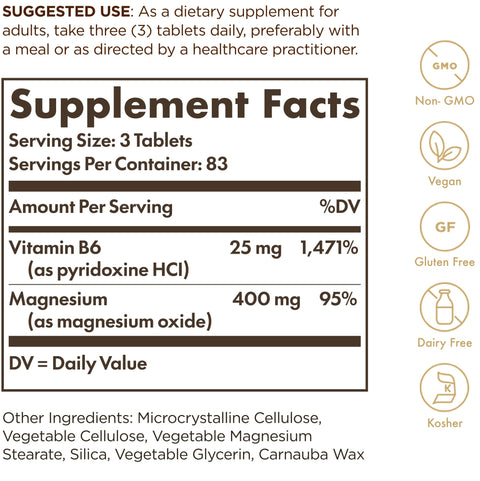 Solgar Magnesium With Vitamin B6 250 Tablets - Promote Healthy Bone Mineralization Support Nerve & Muscle Function Energy Metabolism - Non-Gmo Vegan Gluten Free Dairy Free Kosher 83 Servings