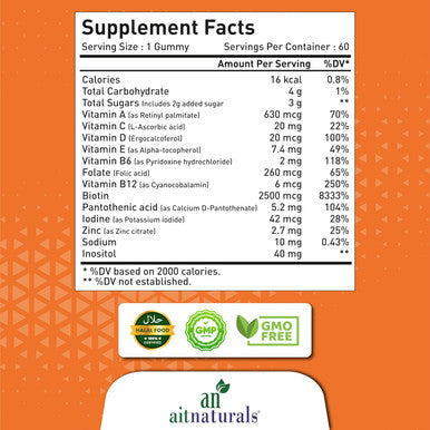Aitnaturals Hair Vitamin 60 Gummies (Strawberry) with Vitamin C Biotin & Folic Acid Supports Healthy Hair Nail & Skin Protects Hair Follicles & Reduces Breakage | Multivitamins for Hair Growth