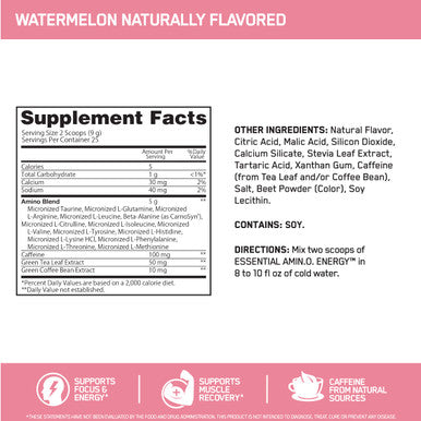 Optimum Nutrition Amino Energy Naturally Flavored Powder Pre Workout Bcaas Amino Acids Keto Friendly Green Tea Extract Energy Powder - Watermelon 25 Servings