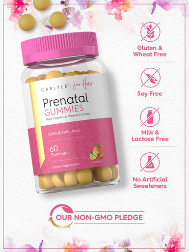 Carlyle Prenatal Gummies for Women | with DHA & Folic Acid | 60 Count | Fruit Flavor | Non-GMO Gluten Supplement | for Her