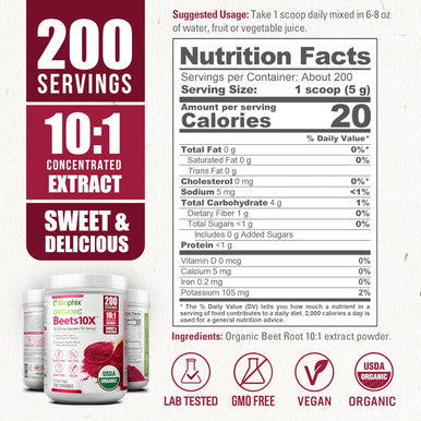 Biophix Organic Beets 10X Beet Root Powder 2.2 Lb 50000 Mg Equivalent - Superfood - Powerful Antioxidant - Rich In Nitric Oxide - Supports Heart Health - Natural Flavor - No Sugar Added