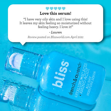 Bliss Drench Quench Hyaluronic Acid Serum 4 Hyaluronic Acids Amino Acids for All Day Moisture Clean CrueltyFree Paraben Free Vegan 1.0 oz
