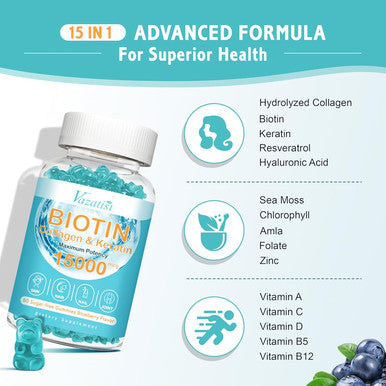 15000 Mcg Biotin With Collagen Gummies, Hair Skin And Nails Gummies, Vitamin C Zinc For Women Men Muscle Joint & Immunity - Blueberry Flavor, 2 Pack 120 Ct